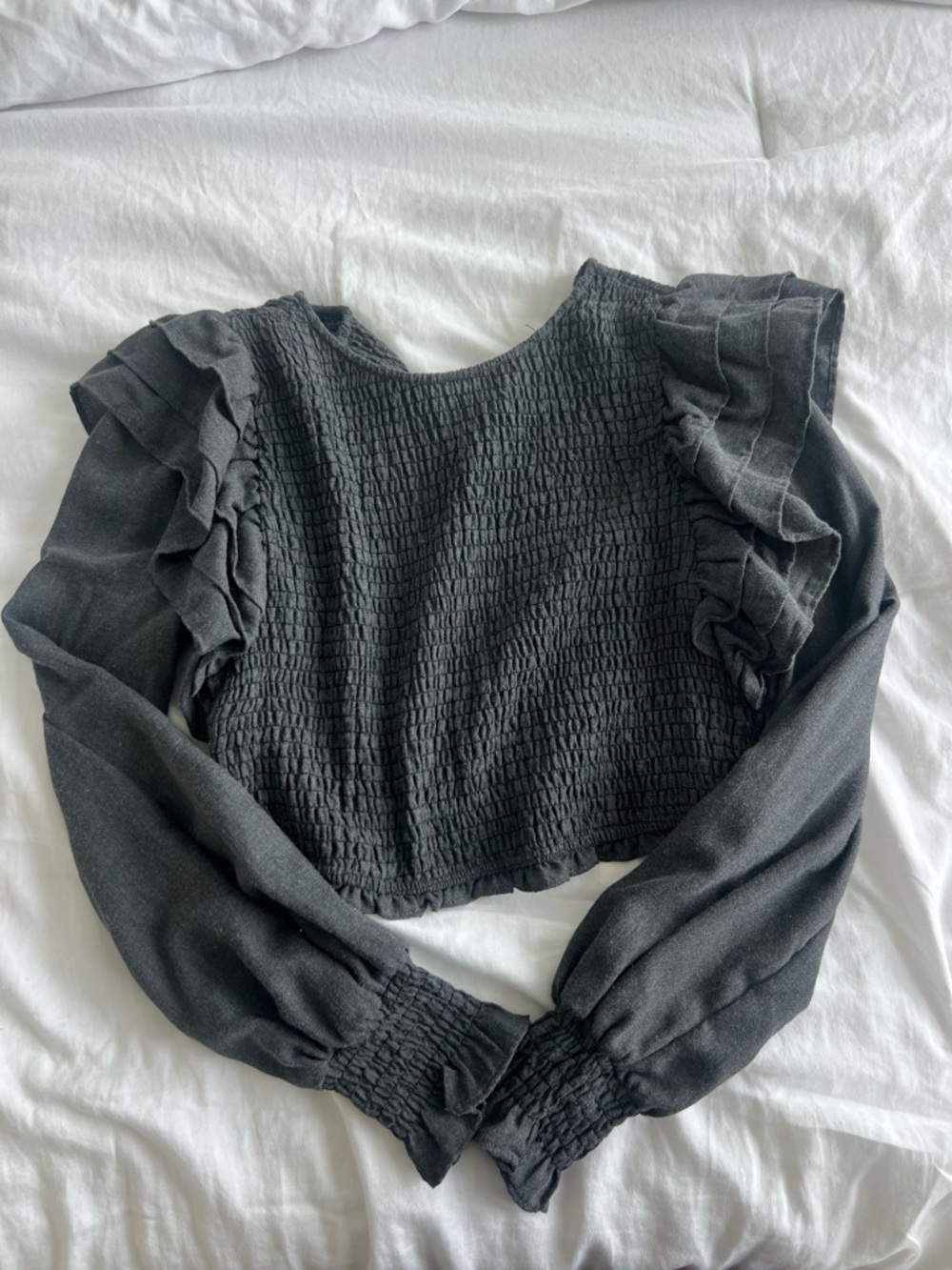 Zara Smocked Ruffle Long-Sleeve Crop Top